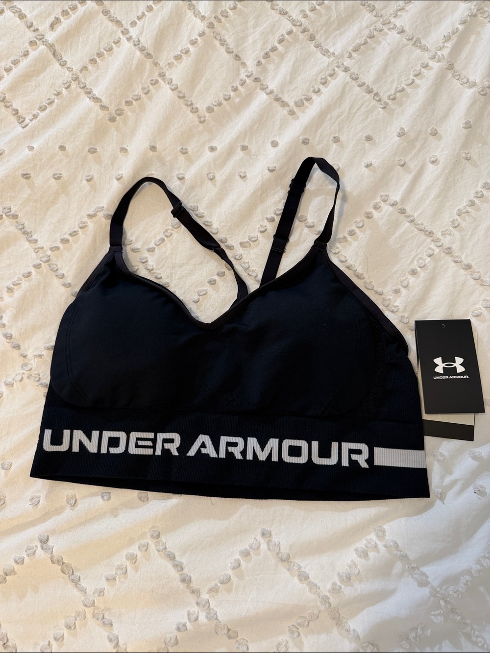 Under Armour Black Seamless long low Support Sports Bra with Logo Band nwt